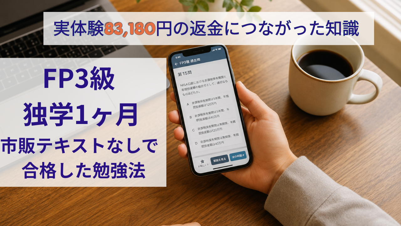 スマートフォンでFP3級の過去問アプリを操作する手元。画像内テキスト「FP3級 独学1ヶ月 市販テキストなしで合格した勉強法 / 実体験 83,180円の返金につながった知識」